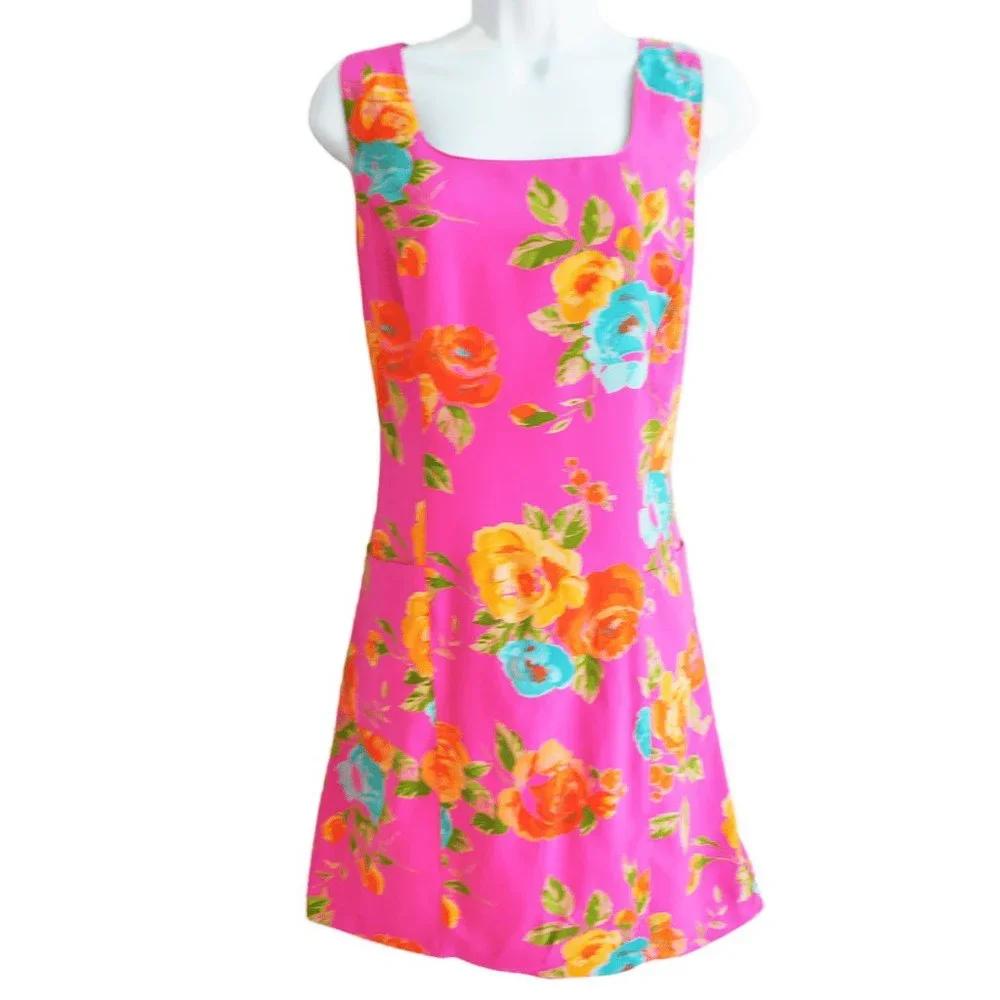 Vintage Moda Int'l Pink Floral Sheath Tank Dress Princess Zipper Back M - Picture 1 of 8